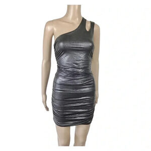 BEBE - Black Textured Cut Out Back Ruching One Shoulder Dress